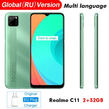 Перейти на Алиэкспресс и купить Realme C11 6,5 глобальная версия 2 ГБ 32 ГБ Helio G35 5V2A зарядное устройство 5000 мАч 13MP AI двойная камера Восьмиядерный 4G мобильный телефон smarthphone