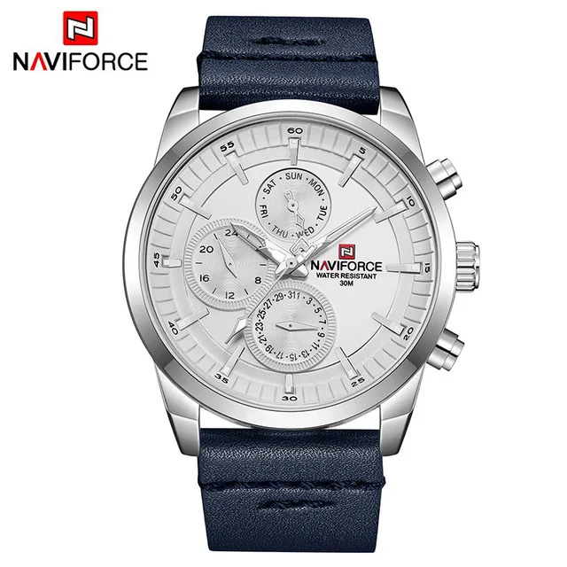 Мужские часы NAVIFORCE, люксовый бренд, Мужские кварцевые часы с датой 24 часа, мужские водонепроницаемые часы, мужские спортивные кожаные Наручные часы Starp - Цвет: blue white white