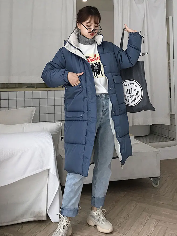 BLUE Шикарное женское длинное пальто с капюшоном для пекарни, зимнее пуховое пальто, Студенческая тяжелая куртка большого размера, Толстая теплая ватная парка с большим карманом - Цвет: BLUE