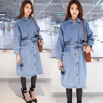 

Long Womans Denim Trench Coat For Women Blue Vintage Autumn Clothes 2019 Fashions Clothing Loose Overcoat Windbreaker 0206
