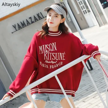 

Hoodies Women Embroidery Loose Batwing Sleeve O-Neck Printed Loose Simple All-match Korean Style Leisure Womens Soft Daily Chic