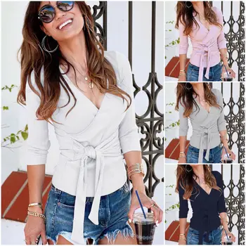 

Sexy V-neck Lace Up Knitted Sweaters and Women Sweaters Autumn Ribbed Long Sleeve Solid color pullover Ladies Casul Slim Sweater