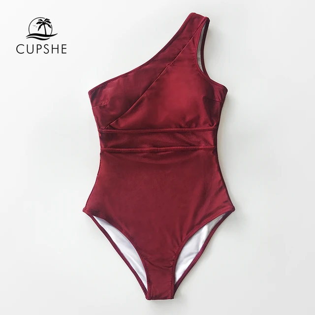 US $13.65 CUPSHE Solid Burgundy OneShoulder OnePiece Swimsuit Sexy Padded Cups Women Monokini 2020 Girl Bea