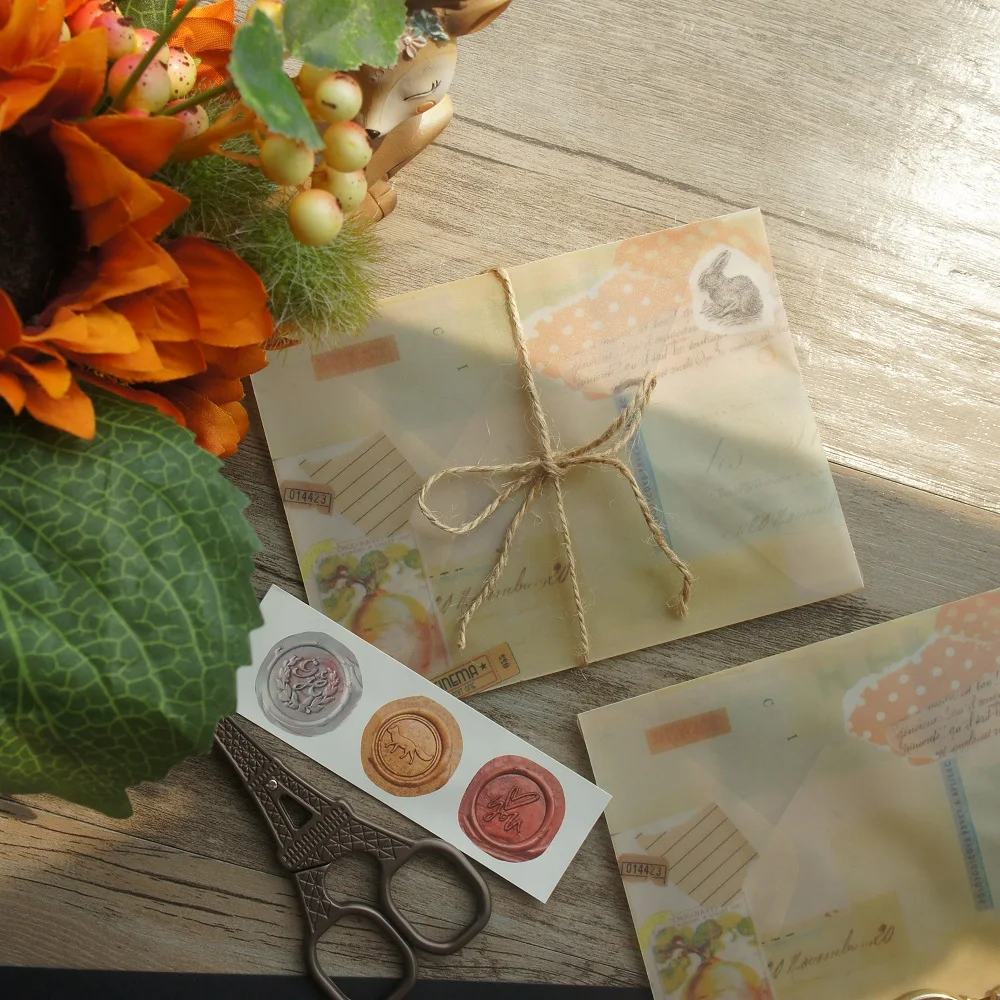15*11cm 3pcs Dark Yellow Rustic Style Rabbit Design Envelop As Postcard Message Card Invitation Transparent Sticker | Дом и сад