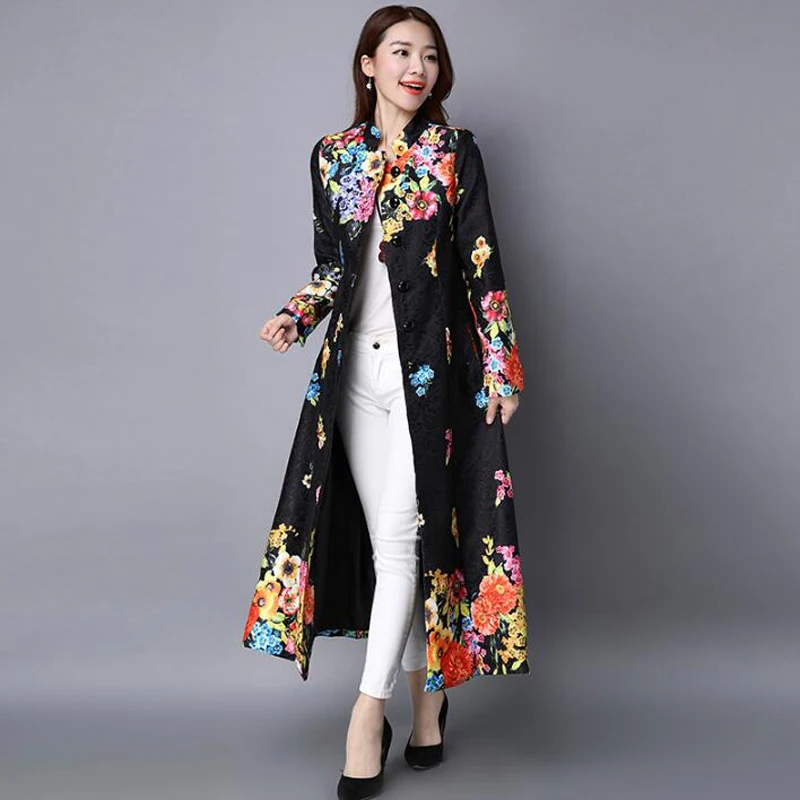 wonderful  Vintage Print Slim Embroidery Plus Size Cardigan Women Autumn Winter Long Coat Retro Traditional Ch