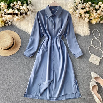 

Woman A-line Dress Lace Up Turn-down Collar Long Sleeve High Waist Slim Dresses Office Lady Mid-Calf Solid Dress With Button