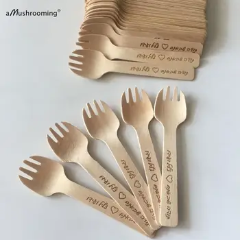 

x100 Personalized Mini Forks Small Wooden Forks Sporks with Name Rustic Vintage Wedding Party Fruit Picks appetizer Silverware