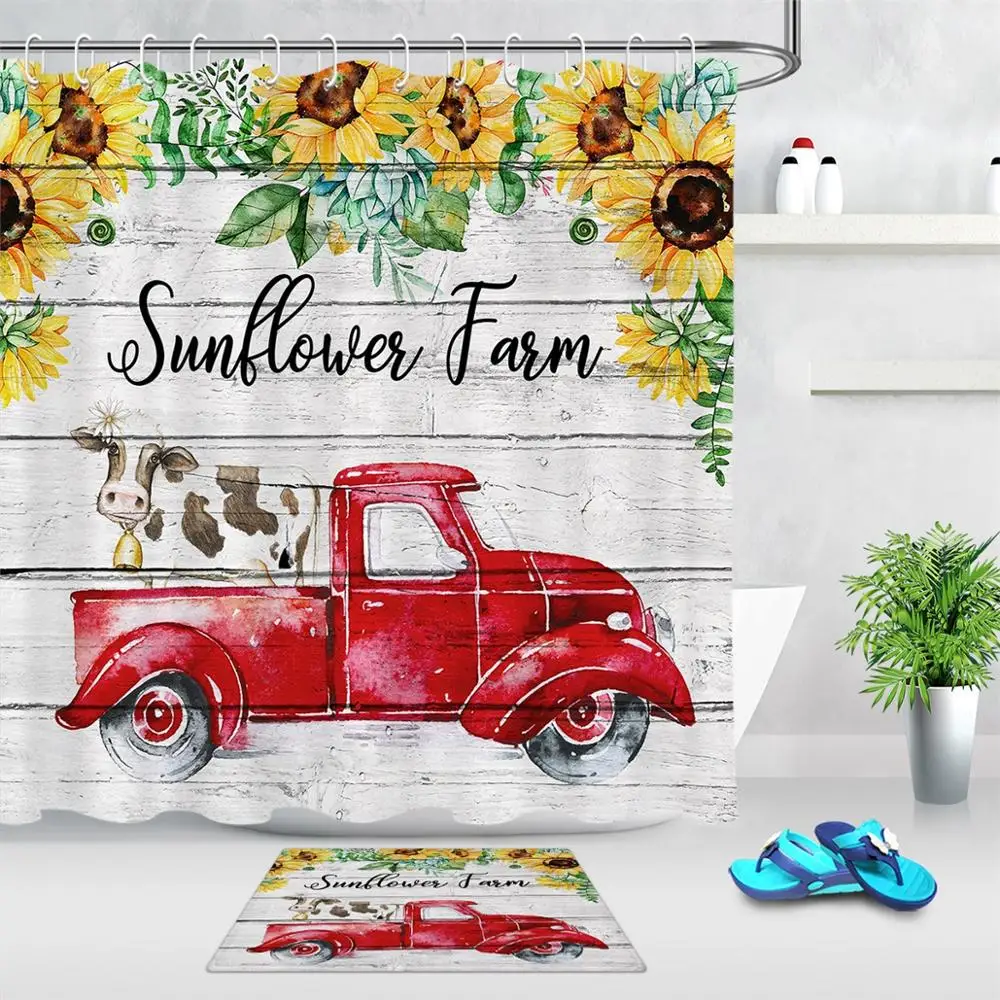 Details about   Red Truck and Snow Shower Curtain Bathroom Decor Fabric & 12 Hooks 
