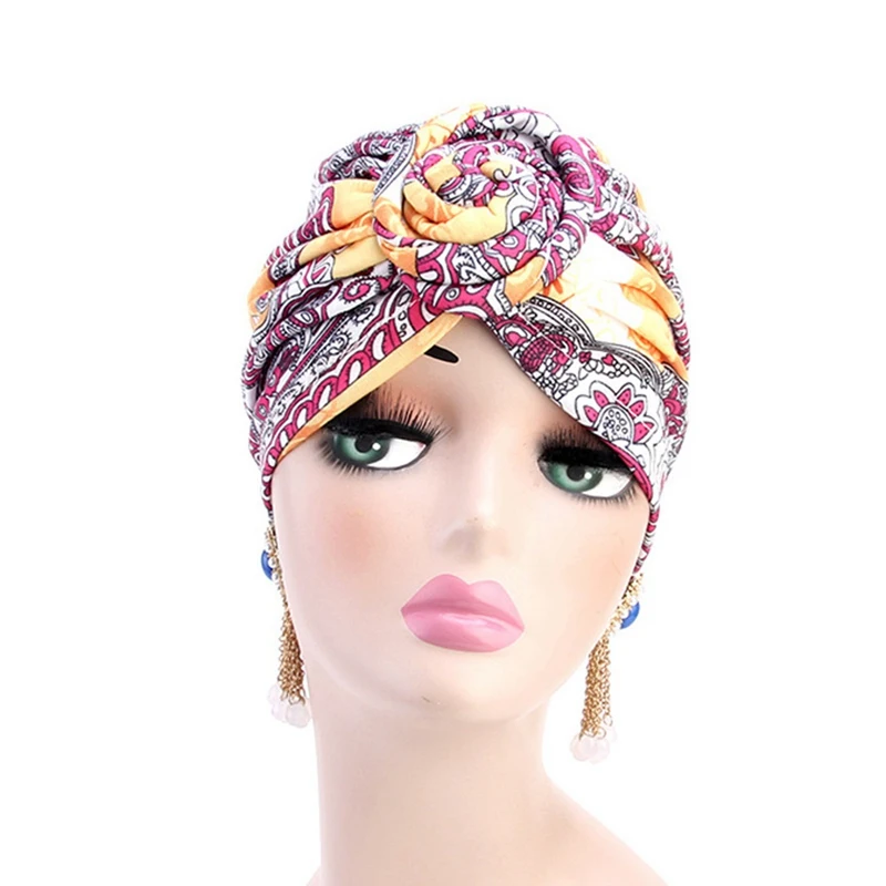 Ethnic Knotted Turban Hat Stretch Chemo Cap Muslim Women Bandana Headwrap