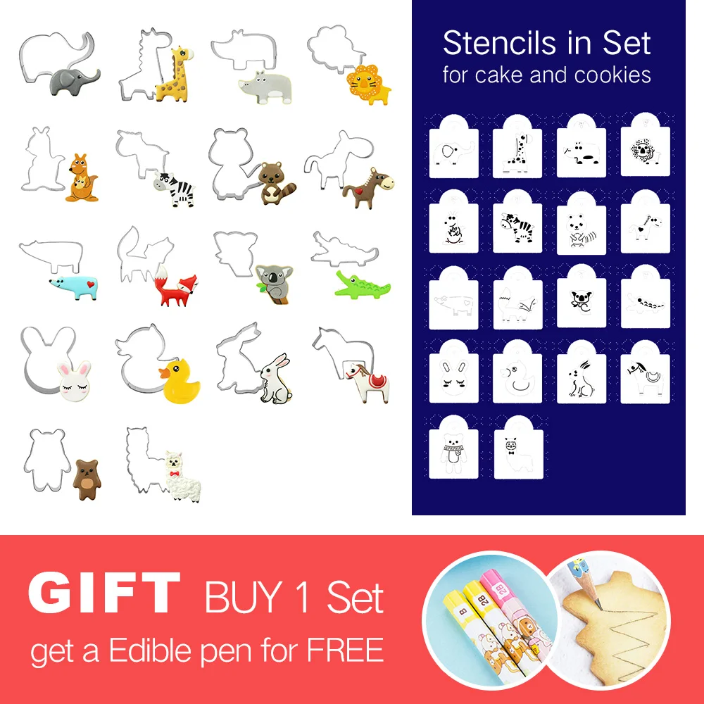 

PartyFUN Animal Cookie Cutter and Drawing Stencils Set - 36 Piece - Fondant Biscuit Stamp Pastry Cutters Mold - Stainless Steel