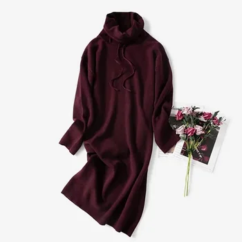 

Women Solid Color Knitted Dress Chimney Collar Long Sleeve Elegant Lady Mini Dresses Autumn Winter
