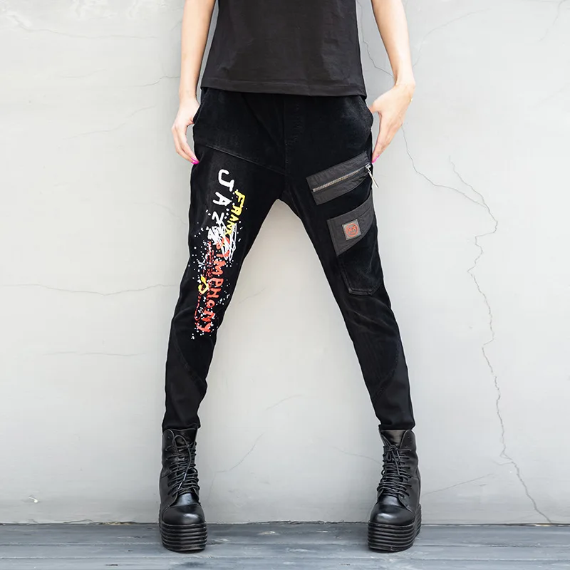 2020 Korea denim Knitted Cotton Street trousers zipper Elastic waist jeans for women Vintage Spliced pants female Z3