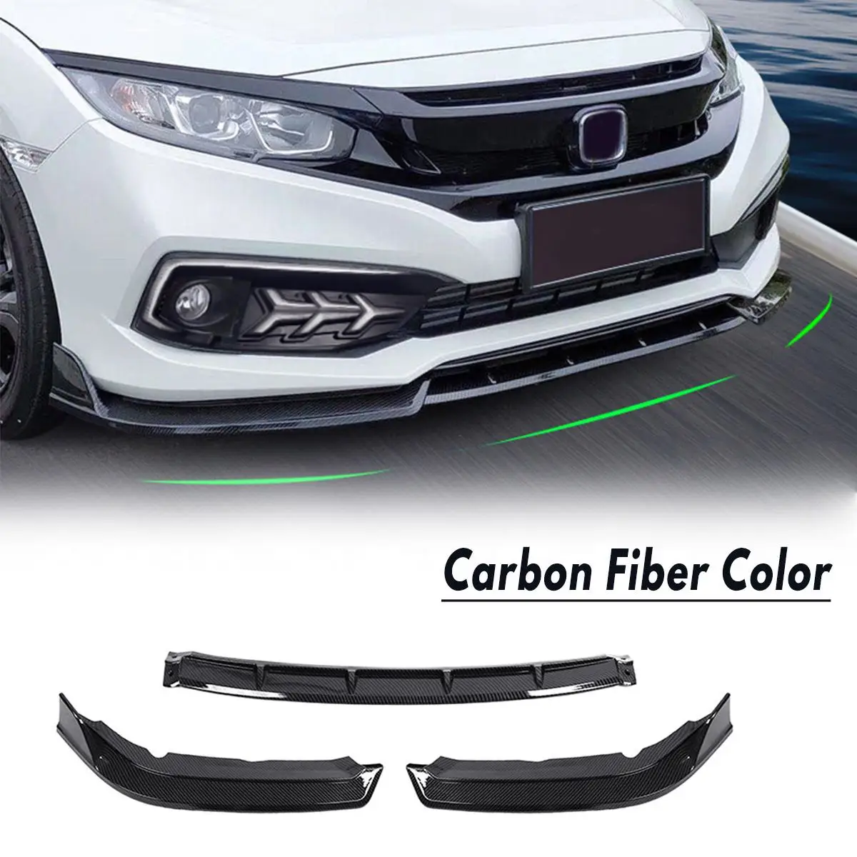 

Protector Accessory FOR Honda For Civic 2/4 Door 2019-20 3pc Carbon Fiber JDM-Automobile Front Bumper Lip Body Kit Spoiler