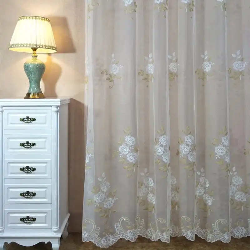 cortina de tul bordada con flores blancas para sala de estar velo bordado de hojas doradas para dormitorio y cocina tela transparente 151 4