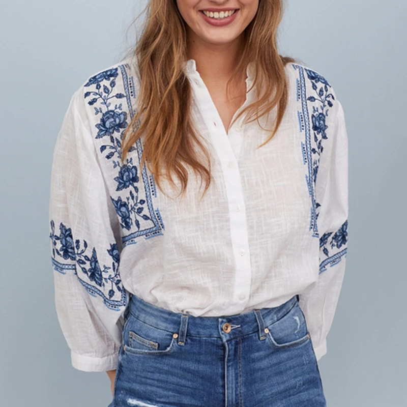 

Women vintage flower print casual loose blouses white shirt women chic blusas lantern sleeve chemise tops