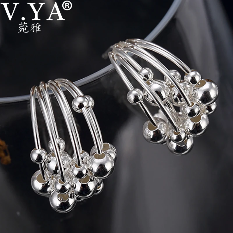 V.YA 925 Sterling Silver Round Beads Earring for Women Girl Elegant Dangle Hoop Ear Pendant Earrings Fashion Jewelry | Украшения и