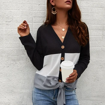 

Women Knitted New Button V-Neck Sweater Women Lace-up Spring Autumn Contrast Color Knitted Pullover Slim Soft Sweater Female Top