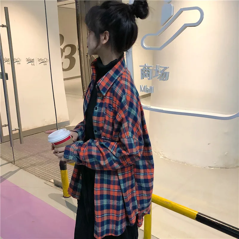 Япония Ulzzang Повседневная рубашка в клетку с лацканами и надписью женские рубашки леди каваи Винтаж Женский Панк Харадзюку туника для женщин топ Ins