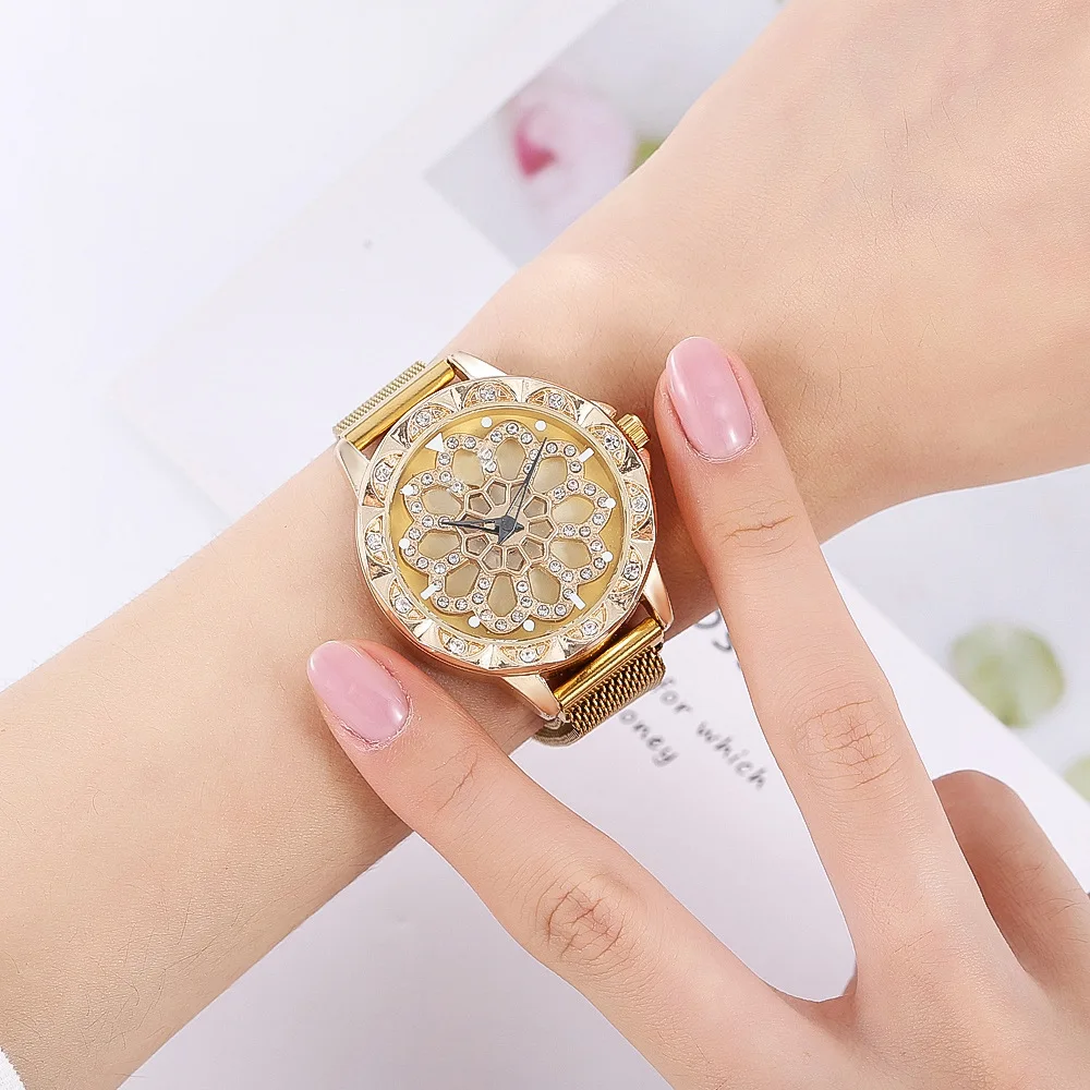 Роскошные женские часы из розового золота, специальный дизайн, 360 градусов вращения, бриллиантовый циферблат, сетчатый магнит, звездное небо, женские кварцевые часы