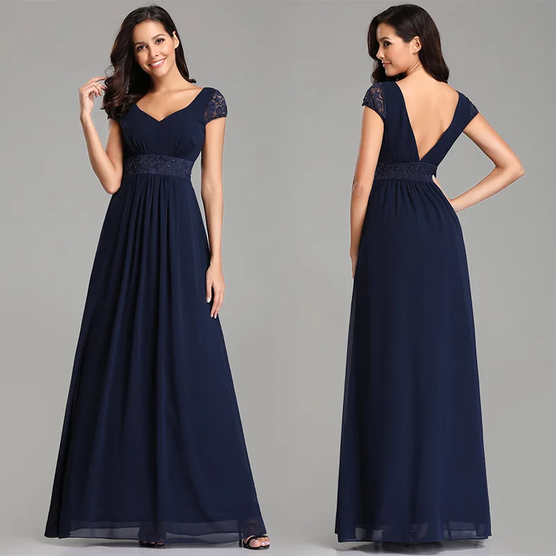 Длинные темно-синие элегантные вечерние платья трапециевидной формы с v-образным