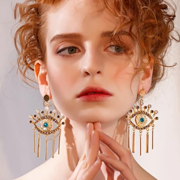 

2020 New Arrivals Summer Silver Tassel Stone Crystal Evil Eyes Statement Earrings for Woman Handmade Dangle Earrings for Woman