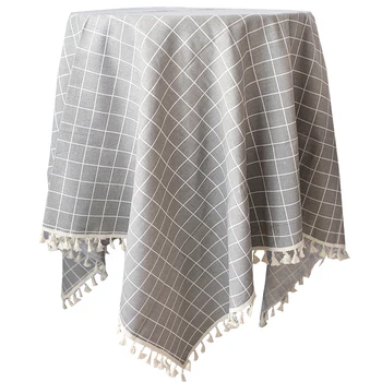 

Cotton Linen Nordic Grey Checkered Rectangular and Round Tablecloth with Fashion Tassel Thick Meal Cloth Pad for Tea Table