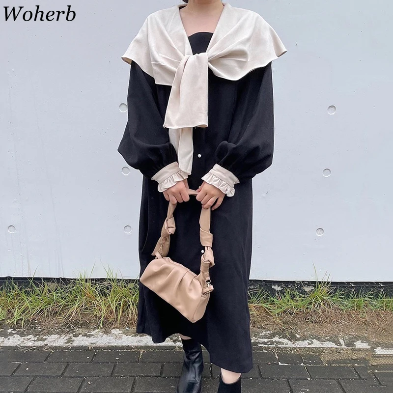 Woherb корейское шикарное винтажное Свободное длинное платье с рукавами-фонариками