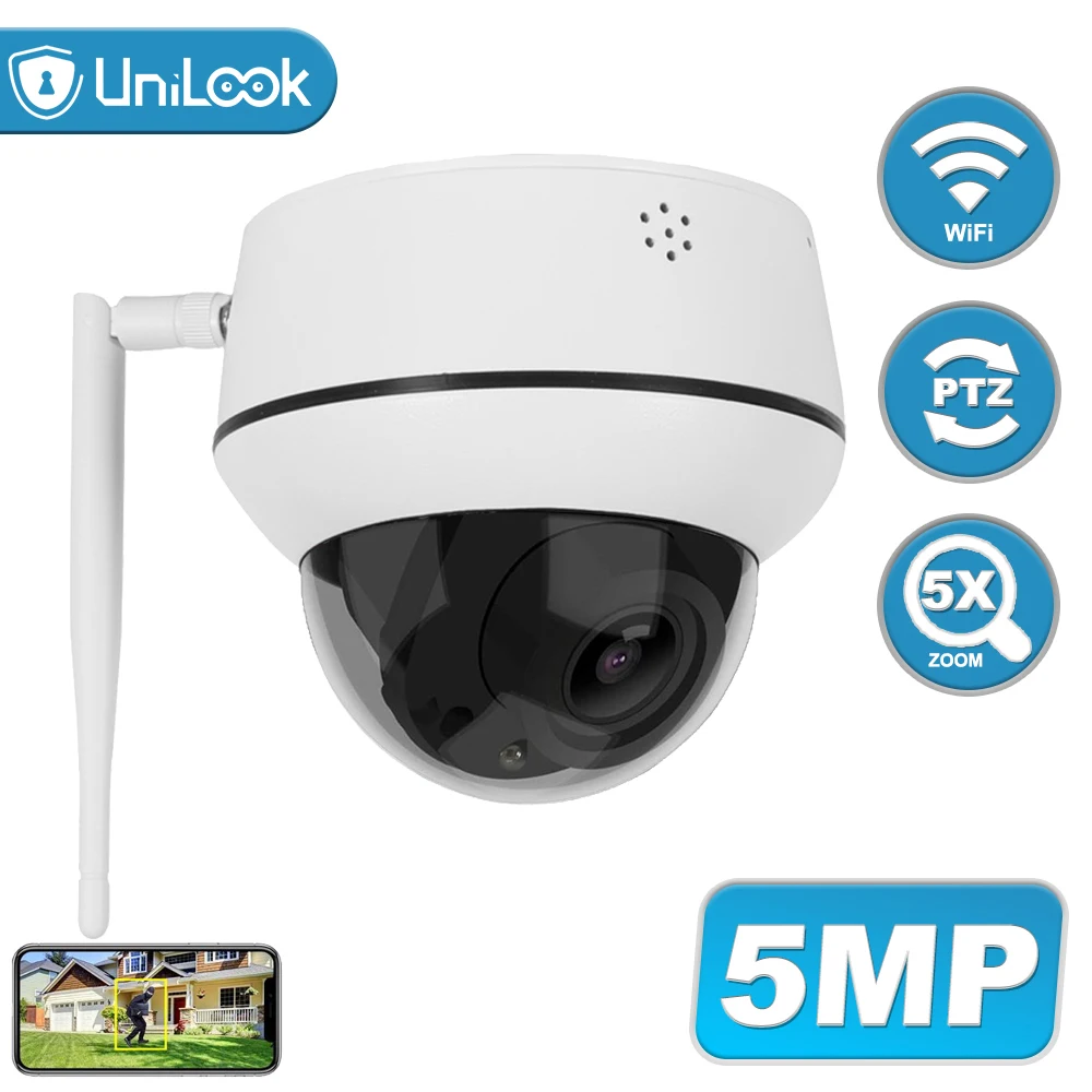 US $69.00 UniLook 5MP Wireless Mini PTZ IP Camera 5x Zoom Outdoor Support TwoWay Audio Buit in SD Card Slot Wifi Camera H265 P2P View