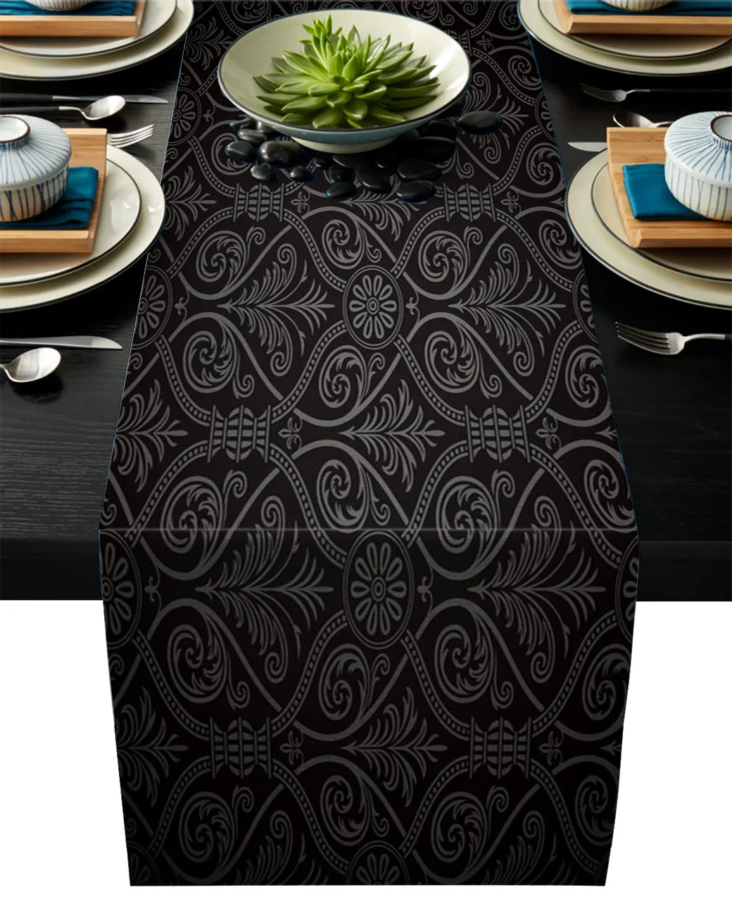 Цветочный узор черная текстура черный настольный бегун Современная льняная хлопковая скатерть украшение
