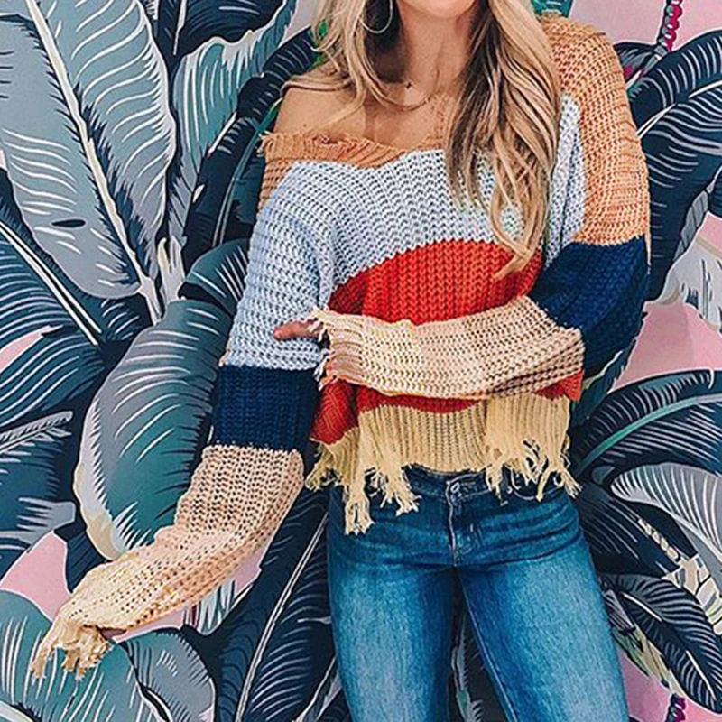 

Multi Color Blocked Cropped Sweater Women Winter Deep V-neck Tassel Knitted Pullover Cool Girls Loose Jumpers Pull Femme WLD809