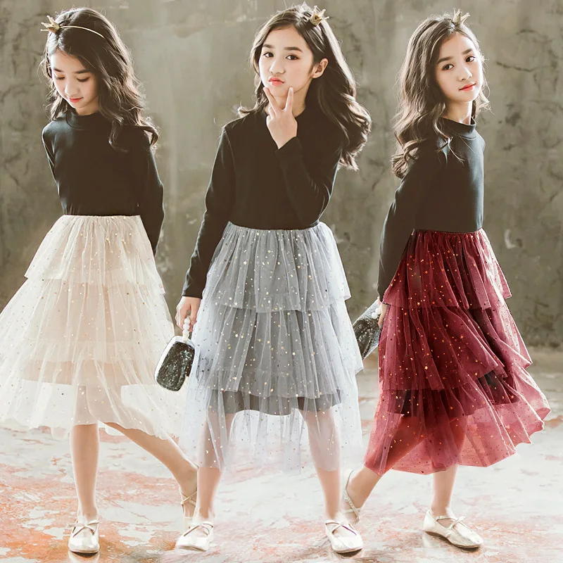 Платье для девочек осеннее платье-пачка подростков костюм принцессы с длинными