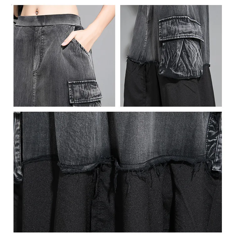 TVVOVVIN New Spring Summer High Waist Black Denim Mesh Split Joint Hit Color Stitch Loose Skirt Women Fashion Tide V844