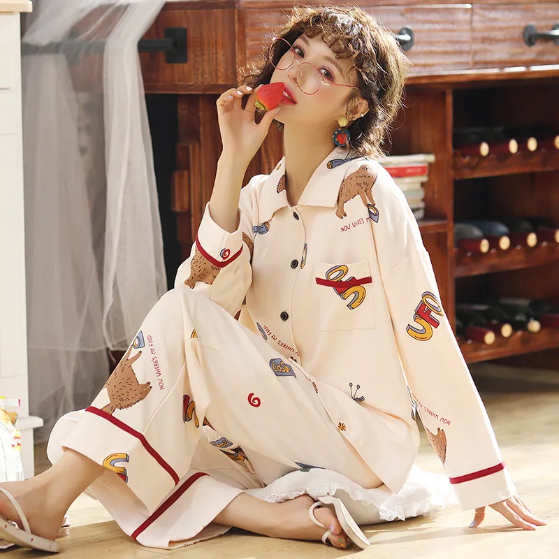 

Qt1944 # Small Black Cat Cardigan JZ Long Sleeve Korean-style Sweet Pajamas Tracksuit Two-Piece Set