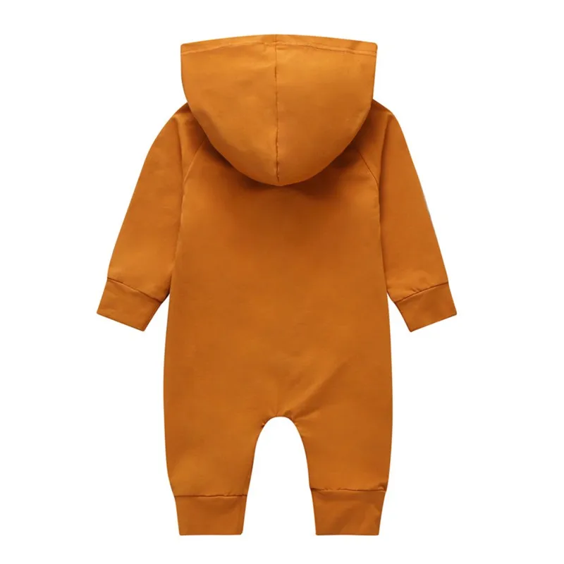 Детские комбинезоны с капюшоном для мальчиков; хлопковый однобортный однотонный комбинезон с длинными рукавами для новорожденных