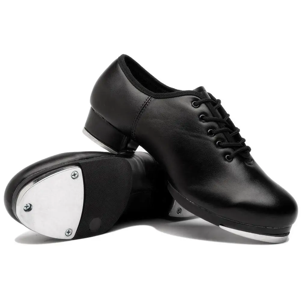 Leather Tap Shoes Unisex Split Sole Jazz Tap Dance Shoes Lace Up Tap Shoes Dancing Shoes Black