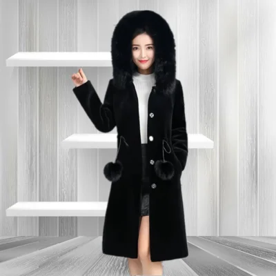 black Новая женская зимняя куртка из искусственного меха норки, модная однотонная куртка с капюшоном и меховым воротником, большие размеры, тонкая женская куртка из искусственного меха, f1780 - Цвет: black