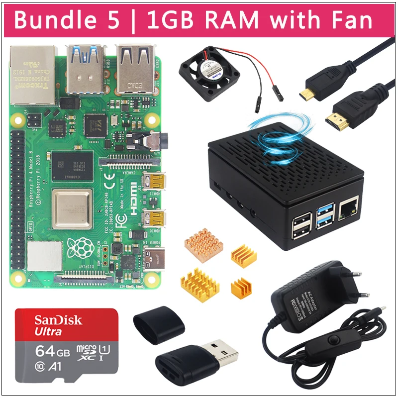 1GB RAM with Fan Raspberry Pi 4 Модель B комплект 3,5 дюймовый ЖК-дисплей 50 кадров в секунду | 64 Гб sd-карта | ABS Чехол | вентилятор | радиатор | USB C адаптер питания | Micro HDMI опционально - Комплект: 1GB RAM with Fan