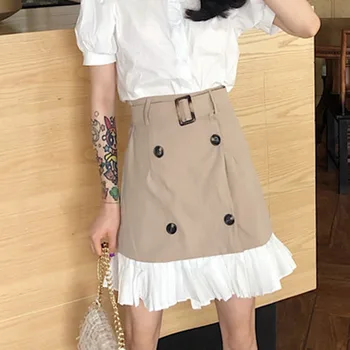 

2020 Women's Skirts Summer Korean Style Mini Elegant Button High Waist Skirt Female Button Patchwork A-line Skirt With Belt