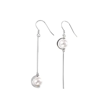 

S925 Sterling Silver Pearl Asymmetrical Earrings Female Long Section Korean Style Minimalist Cold Style Earrings Jewelry