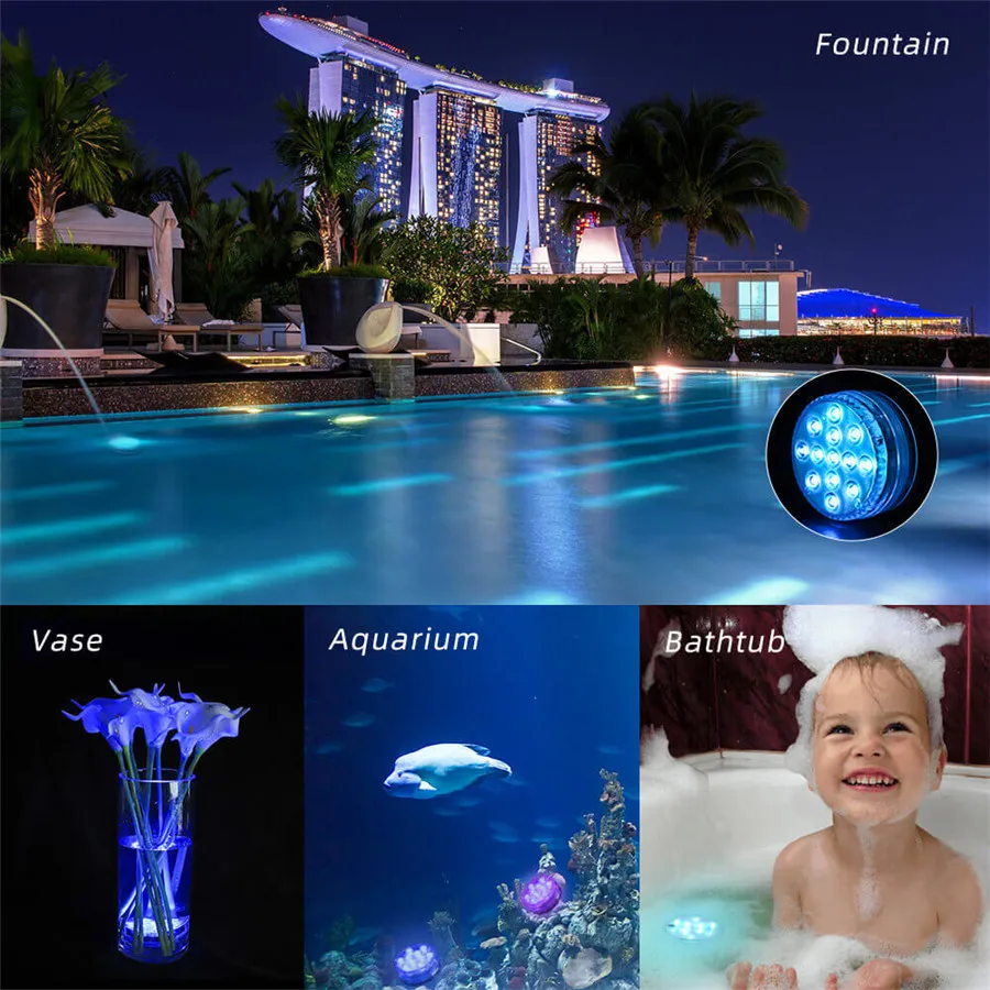 underwater pond lights 13 LEDs Underwater Light 16 Colors RGB IP68 Waterproof Swimming Pool Light RF Remote Control Submersible Lights  For Pond Vase best underwater boat lights