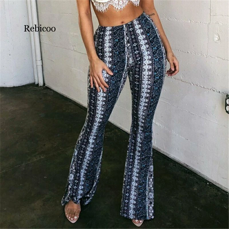 ladies cropped trousers Women Pants New Baggy Flared Pants Boho Style Floral Hippie Wide Leg Gypsy Palazzo Casual Trousers Ladies Bell-bottomed Trousers low rise jeans