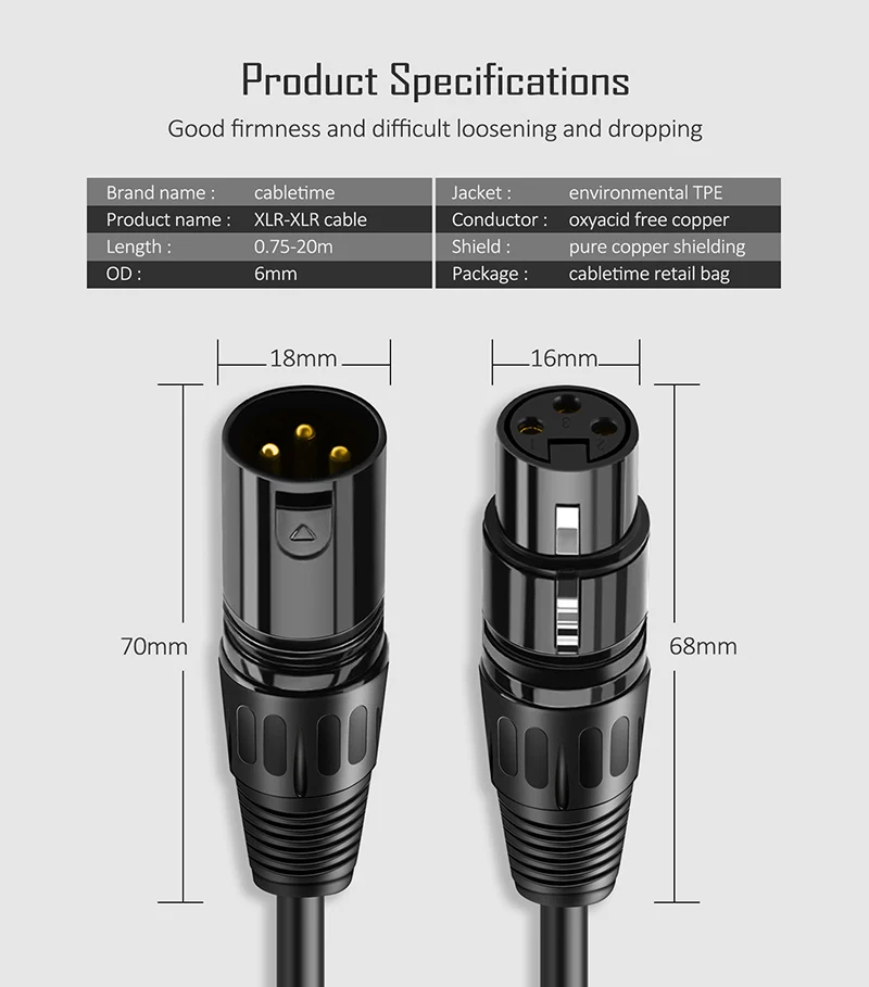 CABLETIME XLR кабель микрофон Cannon разъем гитарный удлинитель Микрофон Кабель для аудио
