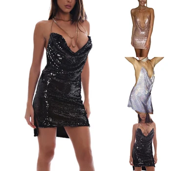 

Womens Sexy Dress Party Night Club Dress Metal Diamond Chain Sling Clothing Gold Silver Super Sexy Dresses