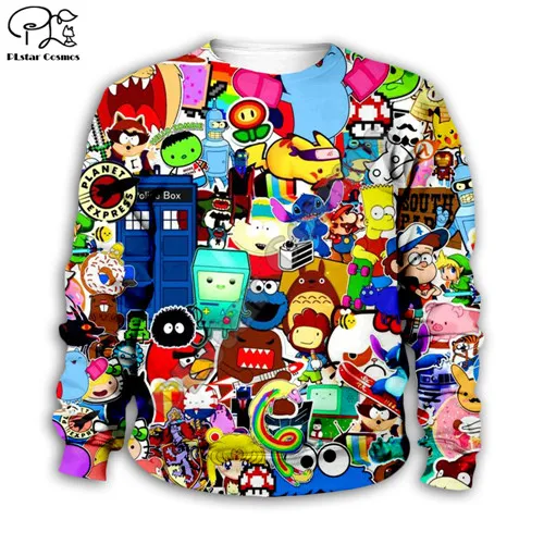 90s Cartoon Gang Character collage 3d Hoodies Children zipper Long Sleeve Pullover Cartoon Sweatshirt /pants/family-2 - Цвет: Синий