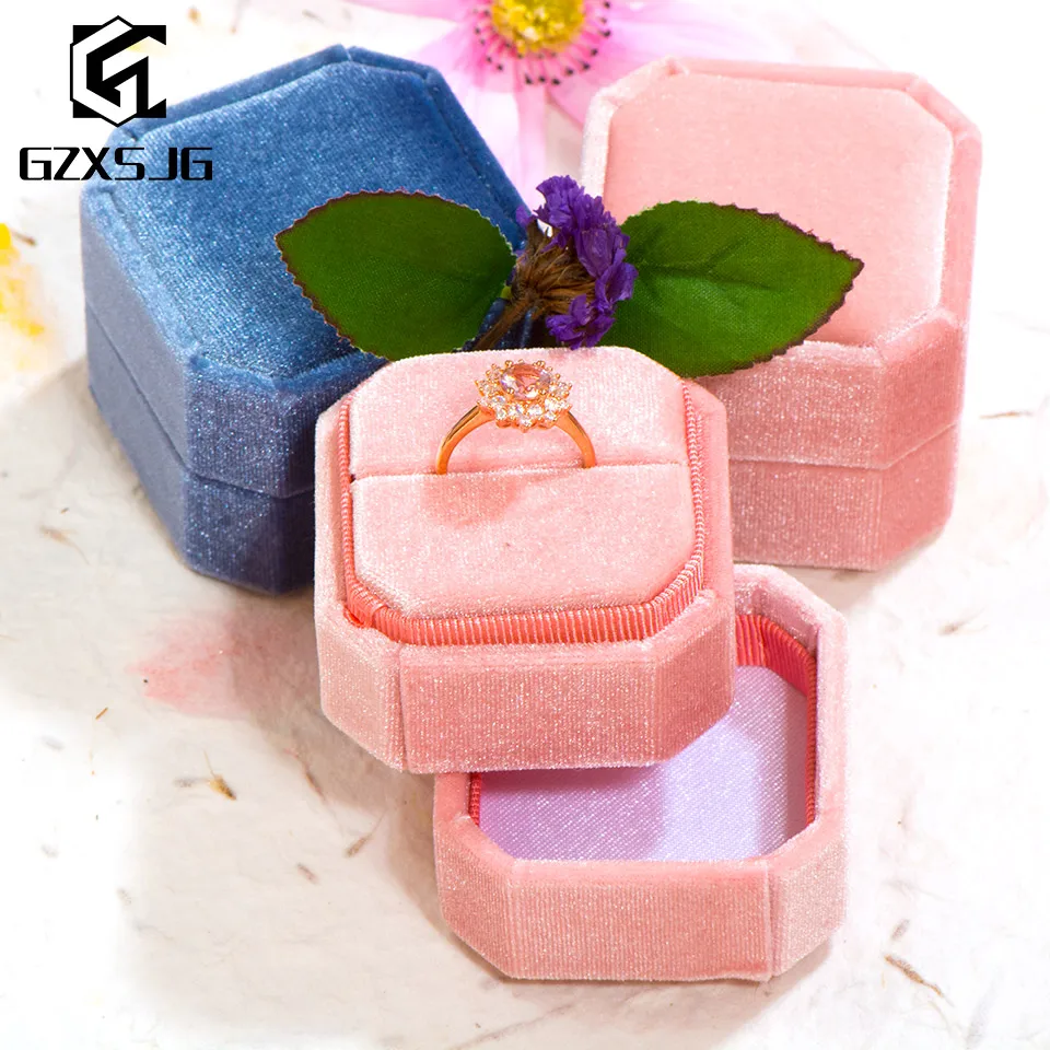 

GZXSJG Velvet Octagon Jewelry Boxes for Wedding Pink Green Ring Boxes for Wedding Engagement Bridal Gifts Display Packing