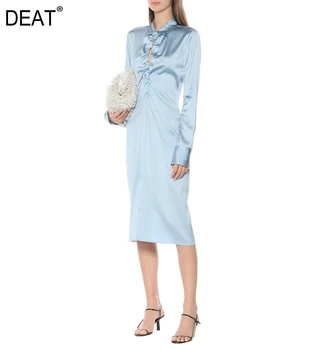 

DEAT 2020 turn-down collar full sleeves drawstring high waist slim single breasted blue color Satin shirt dress WM33005M