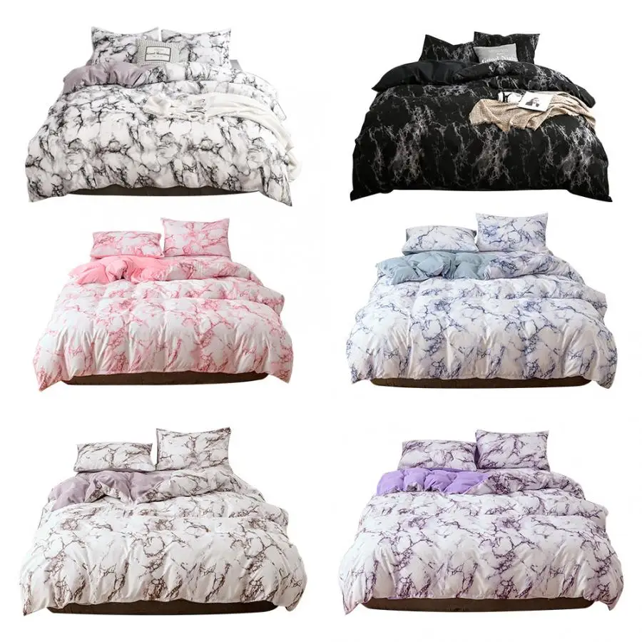 Nordic 3Pcs/Set Marbled Print Polyester Quilt Cover Pillowcase Bedding US-EU-Super King Size Nordic Double Bed Covers