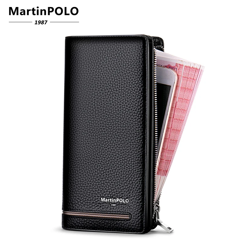 MartinPOLO, мужской клатч, кошельки из натуральной кожи, кошелек, держатель для карт, Мужской Длинный кошелек на молнии, Большой вместительный кошелек для телефона MP3001 - Цвет: BLACK-MP3001