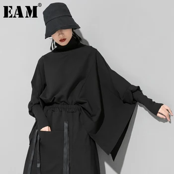 

[EAM] Loose Fit Black Oversized Sweatshirt New Turtleneck Long Batwing Sleeve Women Big Size Fashion Tide Spring 2020 1R429