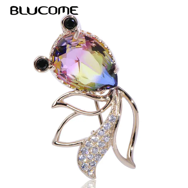 Blucome Cute Animal Brooch Goldfish Zircon Copper Jewelry For Women Girls Clothing Scarf Sweater Coat Pins Beautiful Accessories yellow